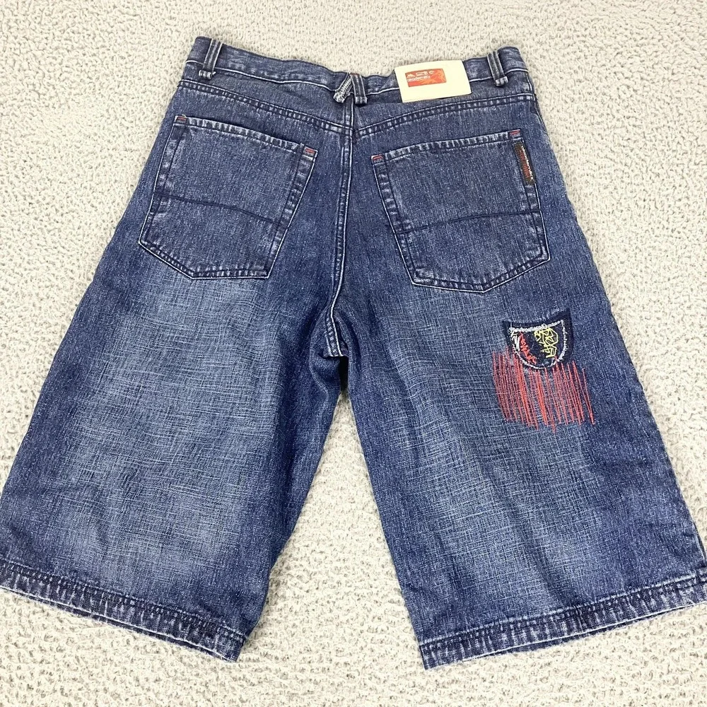Akademiks Shorts Mens 34 Blue Denim Embroidered Baggy Skater Y2k Hip Hop